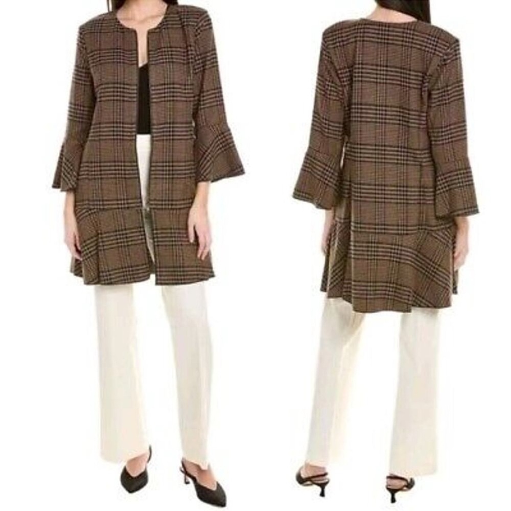 Cabi Plaid Jacket Flounce Tartan Bell Sleeve Dual Zip Excellent Condition S